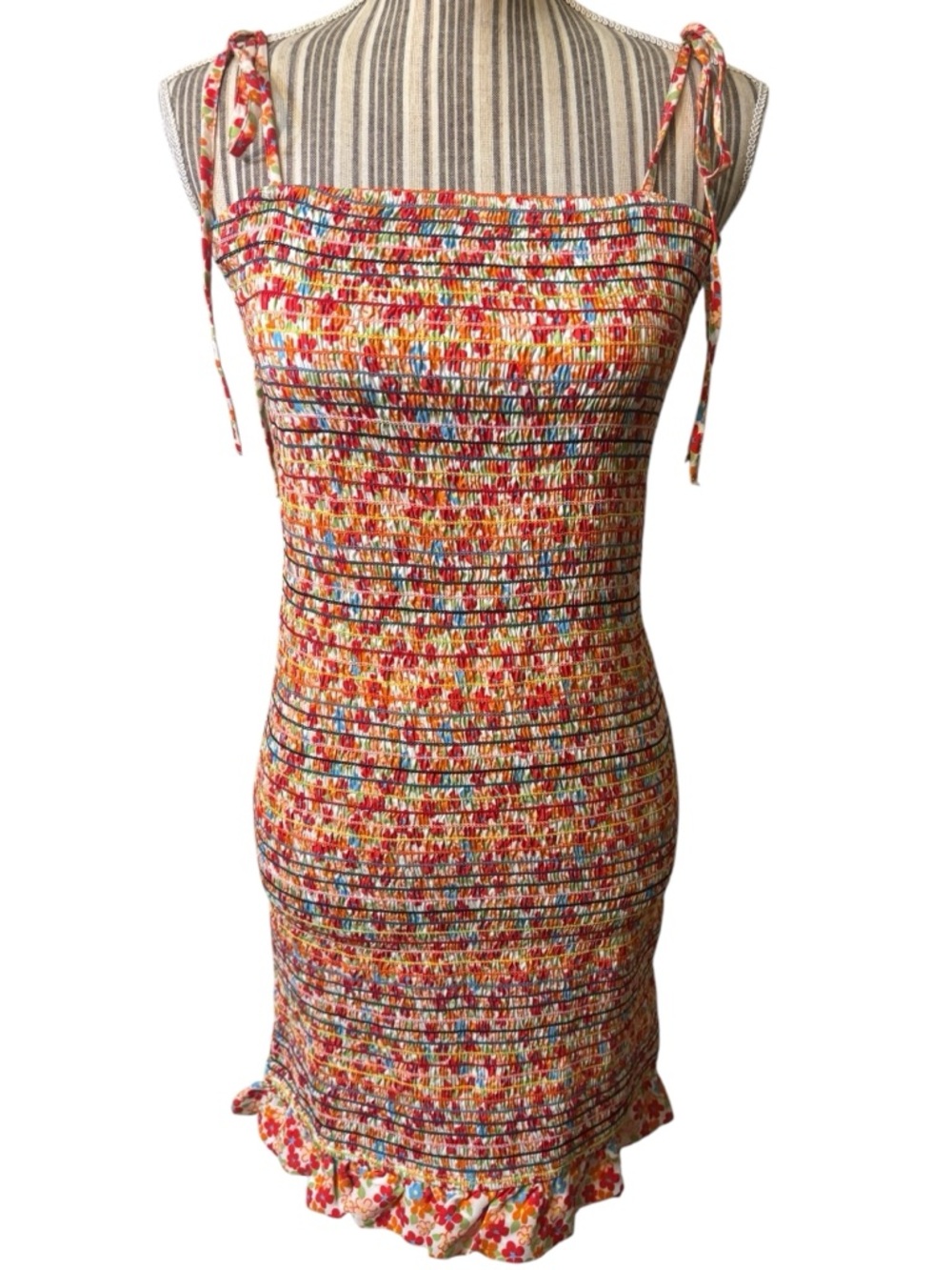Poof NY Dress Large Smocked Rainbow Floral Sleeveless Tie-Shoulder Mini Stretch